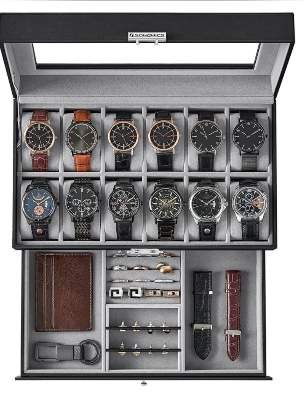 12-Slot Watch & Jewelry Case Organizer with Glass Lid - Black With Gray Lining